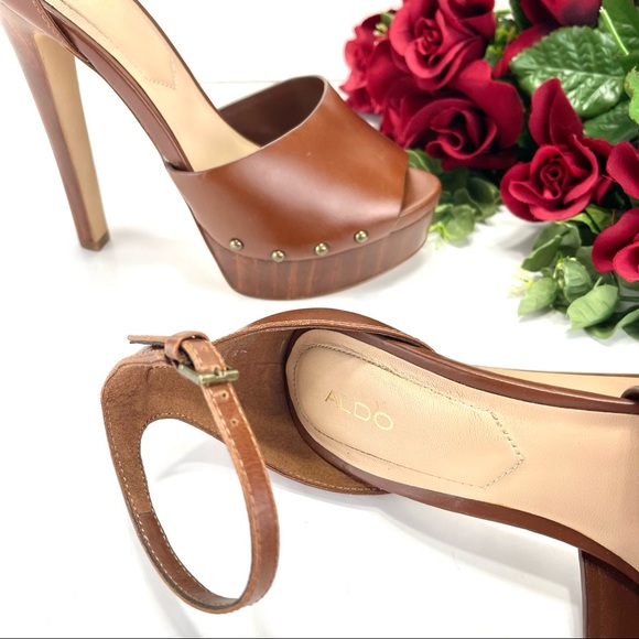ALDO LARAA BROWN LEATHER WOODEN HEELED SANDALS - Picture 13 of 16